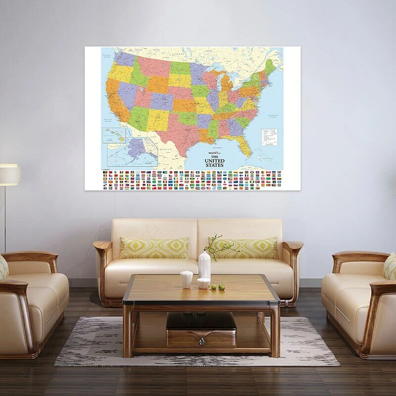 Mapa Vintage da América com bandeira do país, tecido não tecido, cartaz de arte, escola, viagem, estudo, sala de estar, decoração, 100x70cm