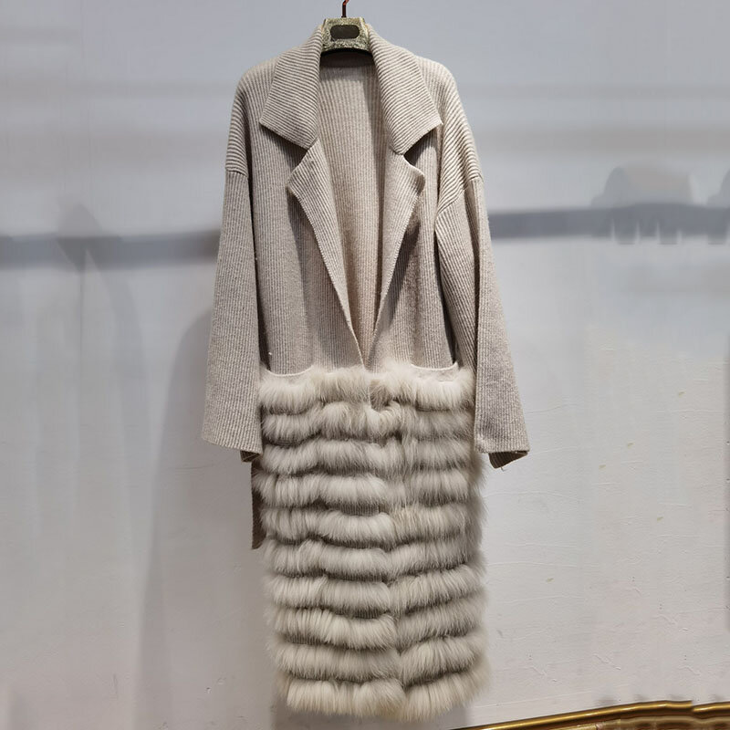 Mantel Sweter Rajutan Panjang Wanita dengan Bulu Rubah Asli Sews Mantel Longgar Wanita Musim Gugur Lengan Panjang Pakaian Luar Kardigan Rajutan