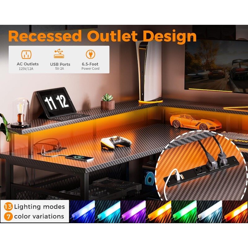 ODK-66 "Gaming Desk com Power Outlet e Luzes LED, Mesa De Jogos Com Portas USB, Mesa Reversível L Shape com Prateleiras De Armazenamento