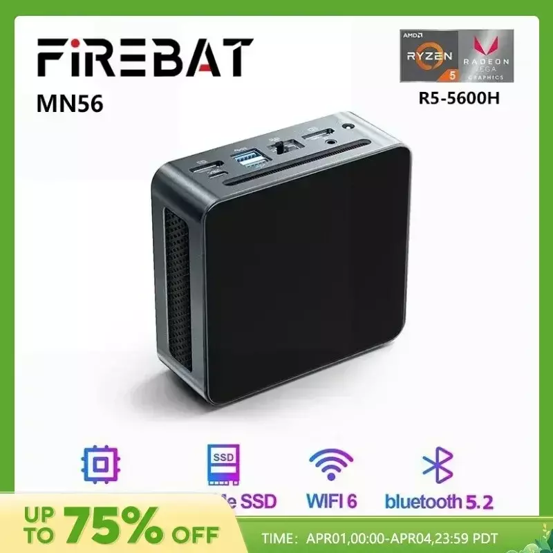 Firebat Mn56 Mini Pc Gamer Amd Ryzen 5 5600H Windows 11 Ddr4 Nvme Ssd Minipc Wifi6 Bt5.2 Voor Gaming Desktop Computer