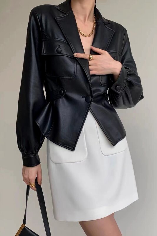 Jaqueta de couro fina para mulheres, colarinho de terno, um botão, cintura fina, bolso, casaco feminino, primavera, 2023