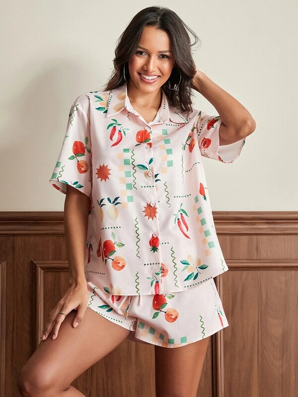 Women 2 Piece Floral Pajamas Set Y2k Long Sleeve Button Down Shirt Side Split Shorts Set Sleepwear