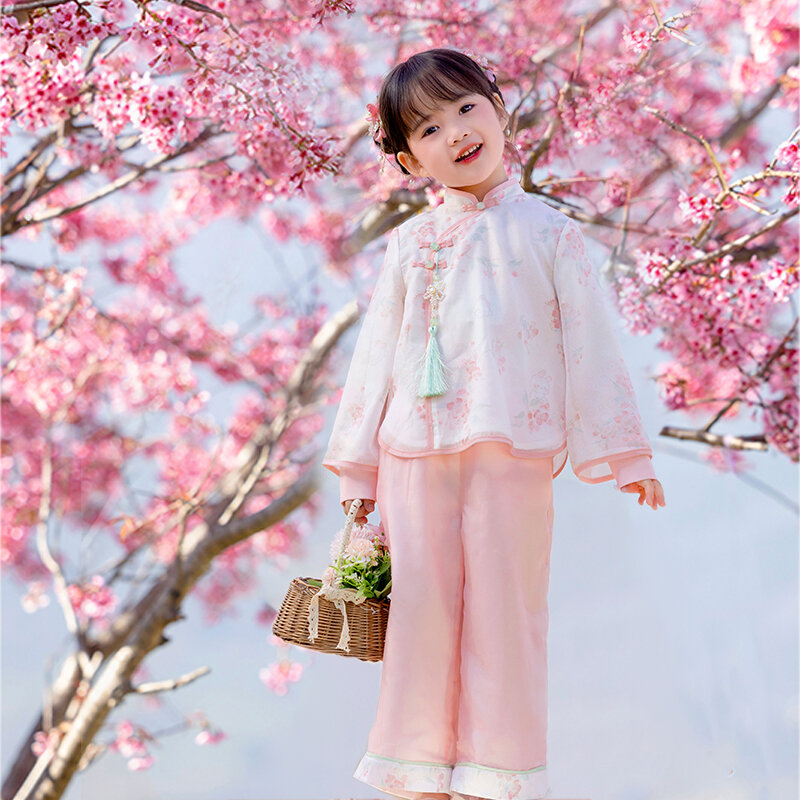 Chinese Style Hanfu Girls' Party Dresses Spring Clothes Cloud Shoulder Jacket Dress Ancient Costume for Little Girls