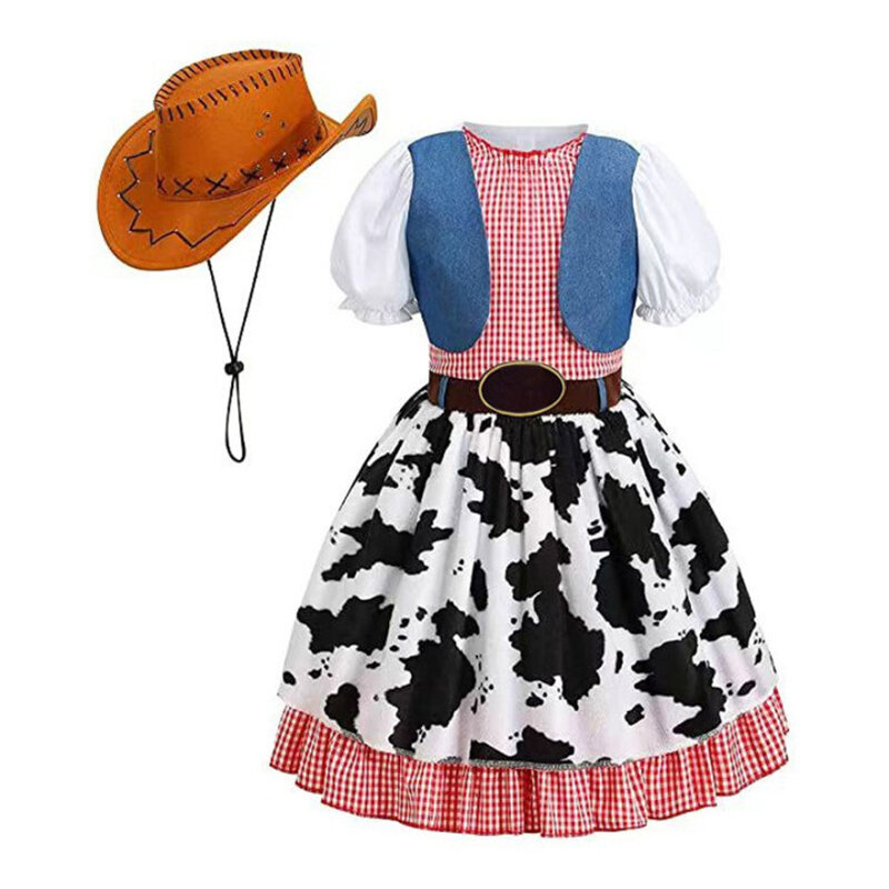 Disney Toy Story Kids Cosplay Dress Summer Puff Sleeve Clothing Set with Hat Girls Woody Halloween Dress up Costume per esibizione