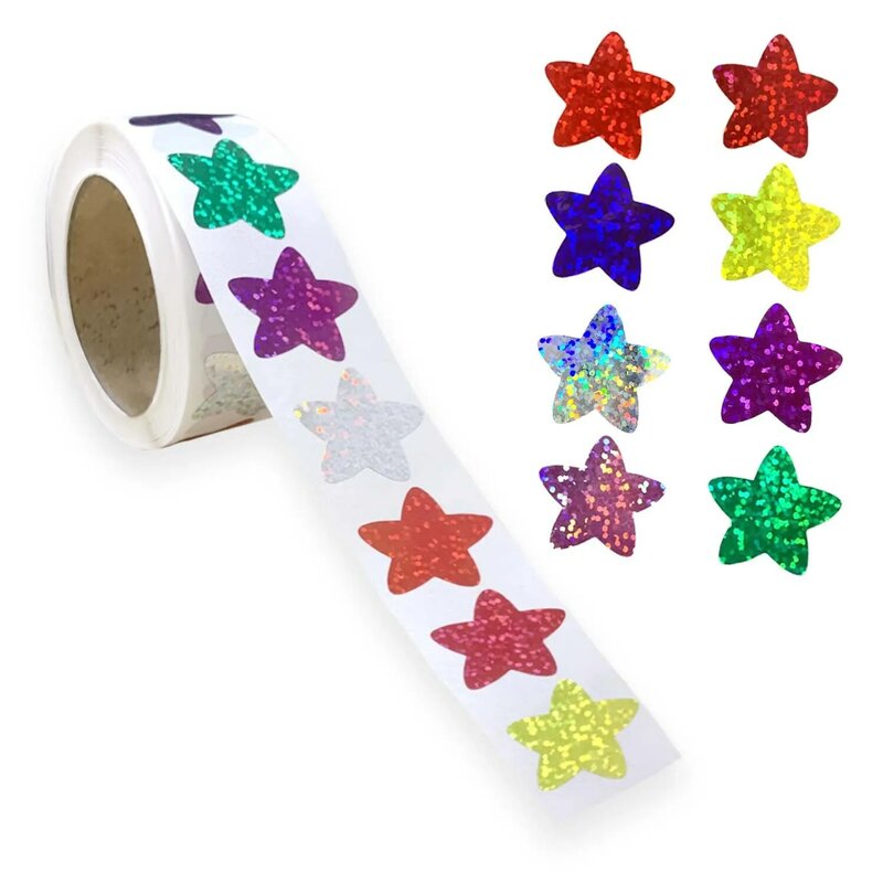 Pegatinas holográficas para manualidades de pared, suministros para profesores y niños, etiqueta de estrella de aluminio de recompensa, 100-500 piezas