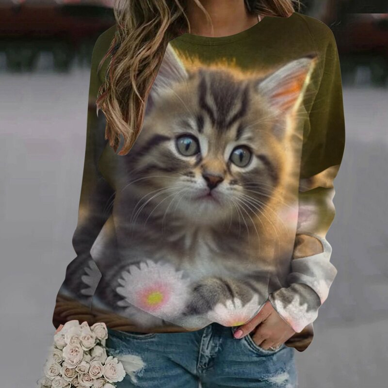 Sudadera con estampado de gato para mujer, camiseta de manga larga, ropa informal de calle de algodón, 2023