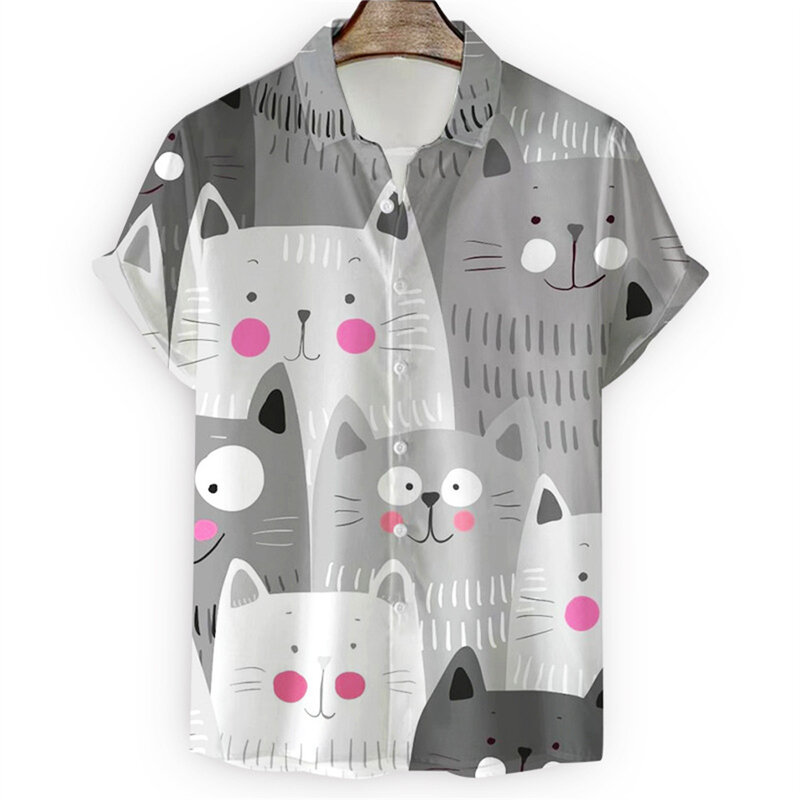 Summer Funny Cat 3D Print Shirts Men Fashion Shirt Short Sleeve Casual Animal Shirts Single-Breasted Shirt Men's Clothing