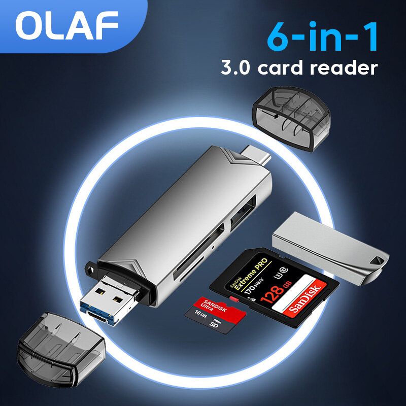 Olaf OTG Micro SD Card Reader, Tipo C para USB otg Adapter, TF Flash Drive, USB 3.0, 6 em 1
