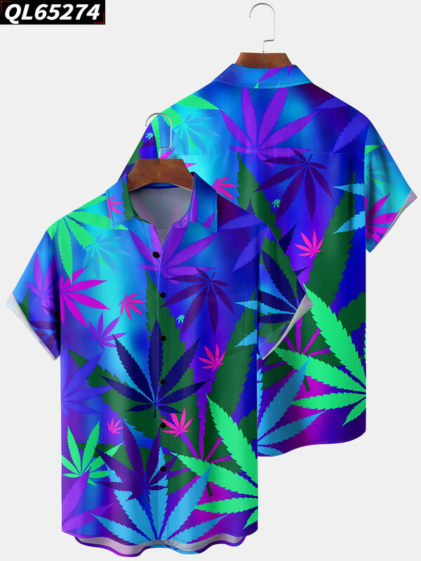 남성용 식물 잎 무늬 반팔 셔츠, 우아한 하와이 셔츠, 캐주얼 하이 퀄리티 단추 포켓 탑, 여름 신상