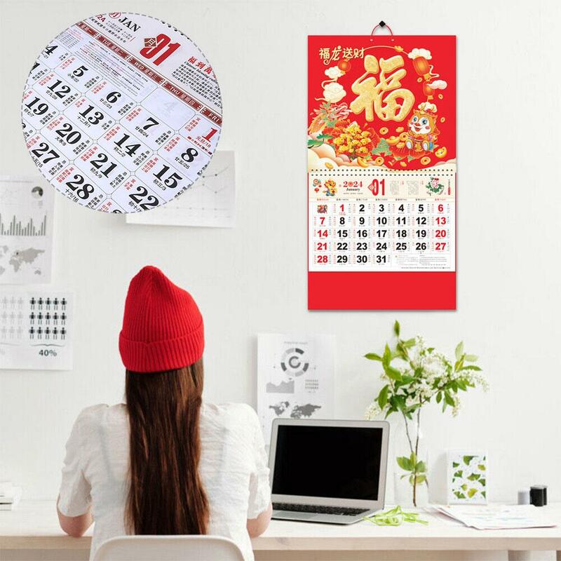 Настенный календарь на новый год 2024 года, традиционный декор с драконом фу ежемесячно, поверните страницу, Декор для дома с изображением года Дракона