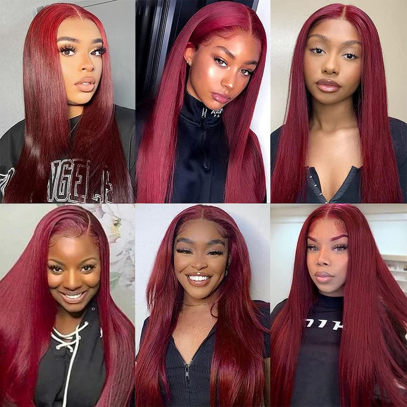 バーガンディレースフロントの人間の髪の毛のかつら、女性のための滑らかな赤い色、正面のかつら、13x6、99j