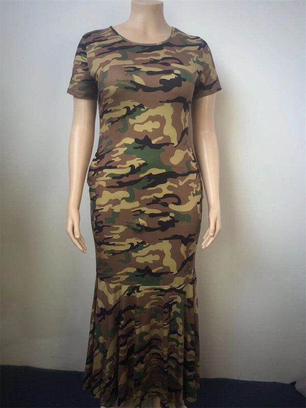 Wmstar-Camuflagem feminina comprimento total vestido maxi, plus size roupas femininas, estampa listrada elegante, verão, por atacado, Dropshipping