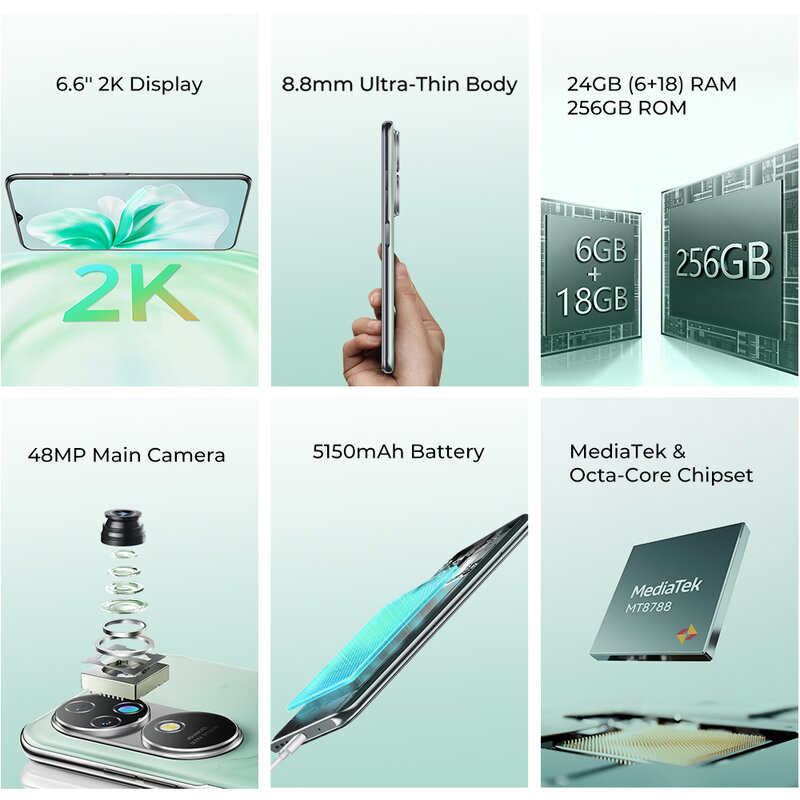 Oukitel-C38 Android 13 Smartphone, Celular, Celular, Estreia Mundial, 6.6 ", FHD +, 5150mAh, 6GB + 256GB, 48MP