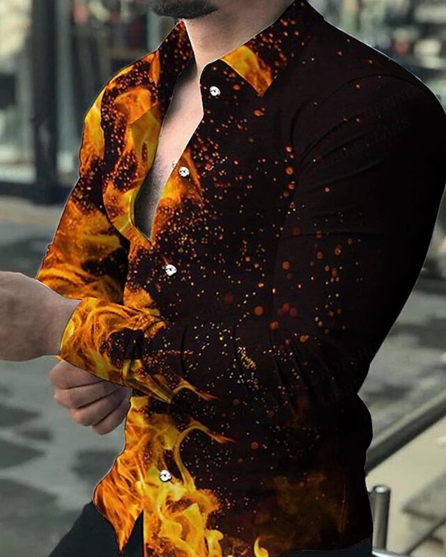 Relâmpago masculino floral havaiano 3D estampado camisa de manga longa, blusa de praia casual, roupa de lapela masculina, moda