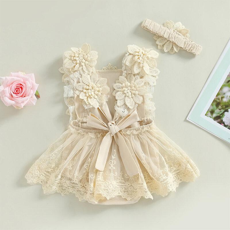 Tregren neonate principessa pagliaccetto vestito estivo senza maniche collo quadrato body in pizzo floreale con fascia set abiti