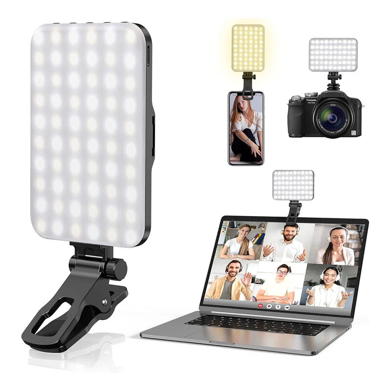 Luz de Preenchimento LED com Clipe Frente e Traseiro, Luz de Preenchimento, Bolso Selfie, Lâmpada para iPad, Celular, Laptop, Vídeo, Ajustado, 3 Modos de Luz