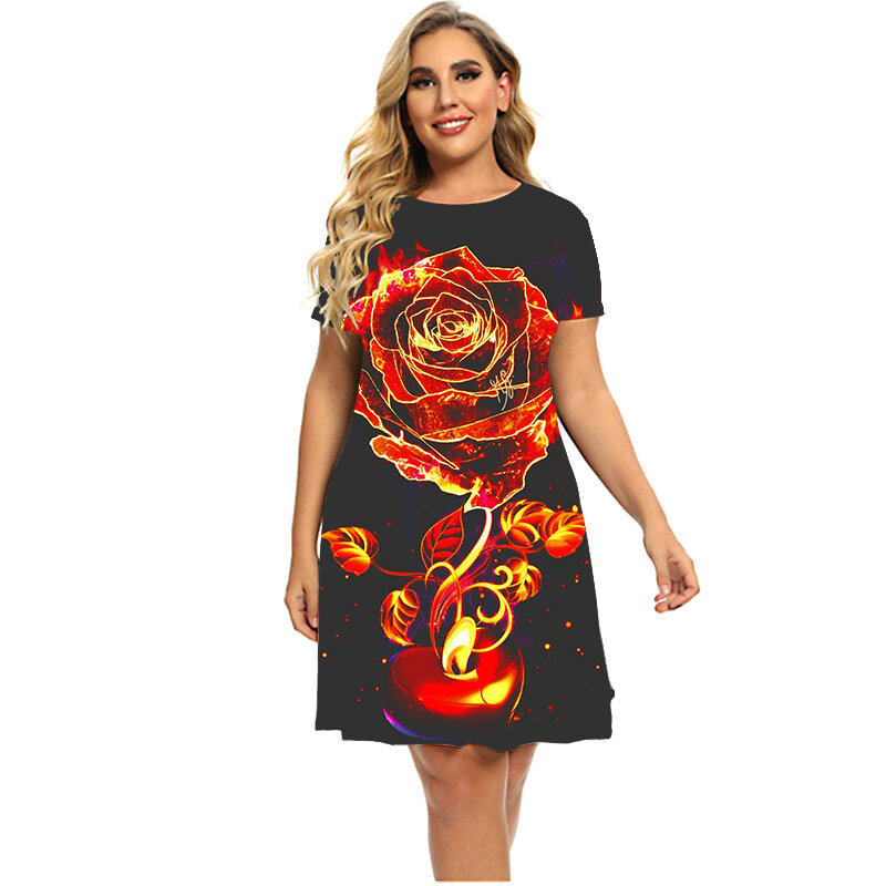 New Women Flame Red Rose Flower Dresses For 2023 Summer Pattern 3D Print Clothing Fashion Short Sleeve Loose Plus Size Dress 6XL