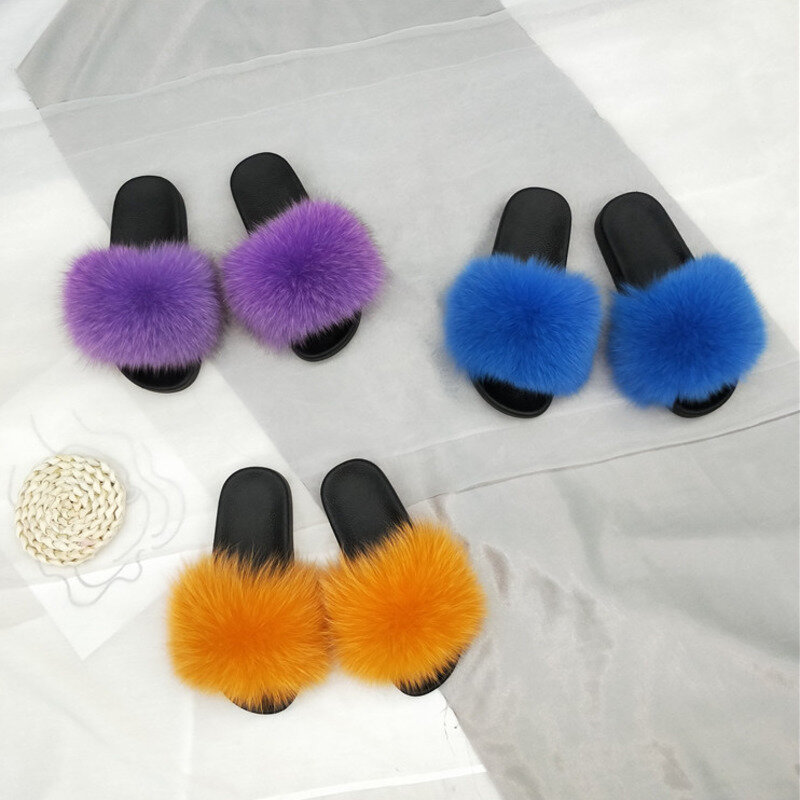 Natural Fur Slippers Women Summer Fox Fur Slides Beach Sandals Home Flat Soft Sole Eva Shoes Non-slip Furry Plush Flip Flops