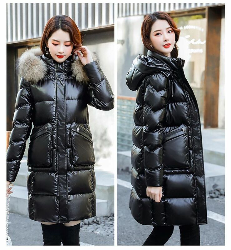 2023 New Women White Duck Down Jacket Winter Coat Female Sequin Mid-length Parkas Big Fur Collar Outwear Hooded Thicken Overcoat