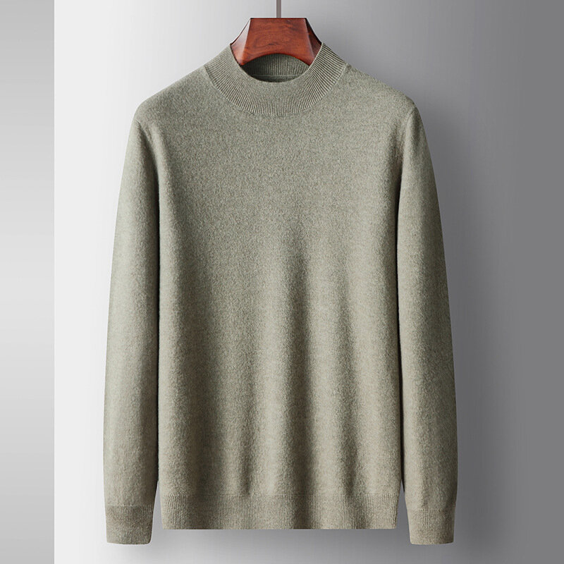 Sweater 100% wol murni pria, Sweater 2023 wol murni musim gugur/musim dingin lapisan bawah leher Sedang tebal Merino