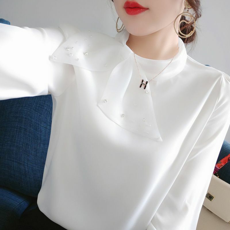 Женская шифоновая блузка с бисером и бантом, белая блузка свободного покроя для работы и повседневного ношения, весна-лето 2024