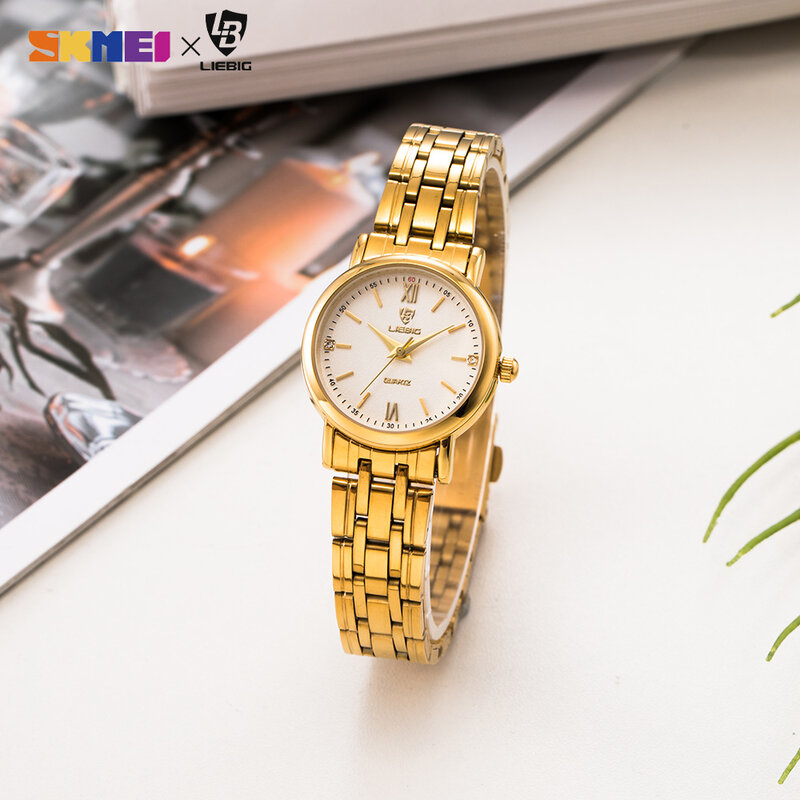 Luxo Golden Quartz Relógios de pulso para casais, aço inoxidável, amantes assistir, relógio de pulso analógico, moda, L1012