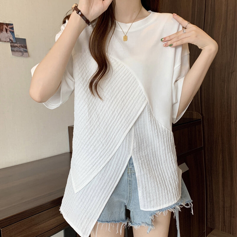 Camiseta de emenda assimétrica feminina, pulôveres com gola O, manga curta, monocromática, casual, roupa irregular, moda coreana, verão