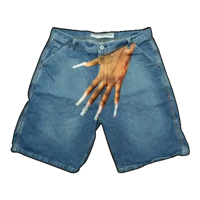 Shorts jeans de hip-hop europeus e americanos, dedo impresso personalizado Y2K, shorts soltos azuis, roupas de rua de basquete