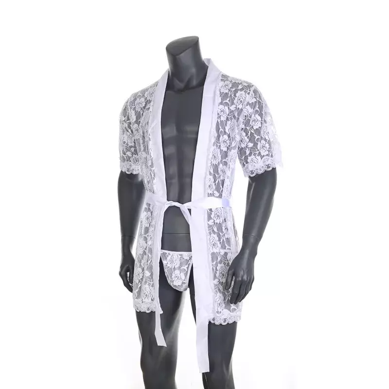 Gejowska seksowna koronkowa koszula nocna maminsynek przejrzeć odzież domową sukienka Cross-dresser przezroczyste kwieciste szlafroki do spania erotyczna sukienka