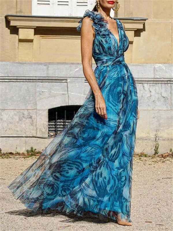 Женское богемное платье для отпуска, голубое плиссированное платье без рукавов с аппликацией и глубоким V-образным вырезом, Элегантное Длинное Платье для дня рождения