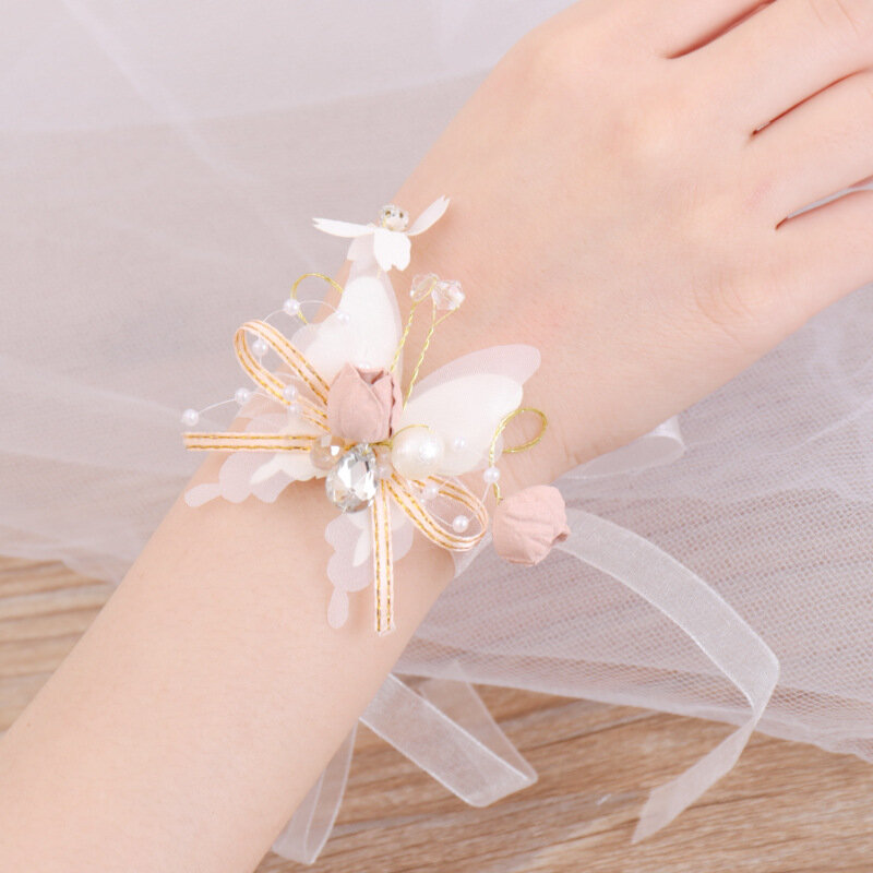 Belles fleurs de poignet de demoiselle d'honneur, corsage de poignet de perles, fleur à la main, bracelet de mariage, fête de Rh, fournitures de mariage
