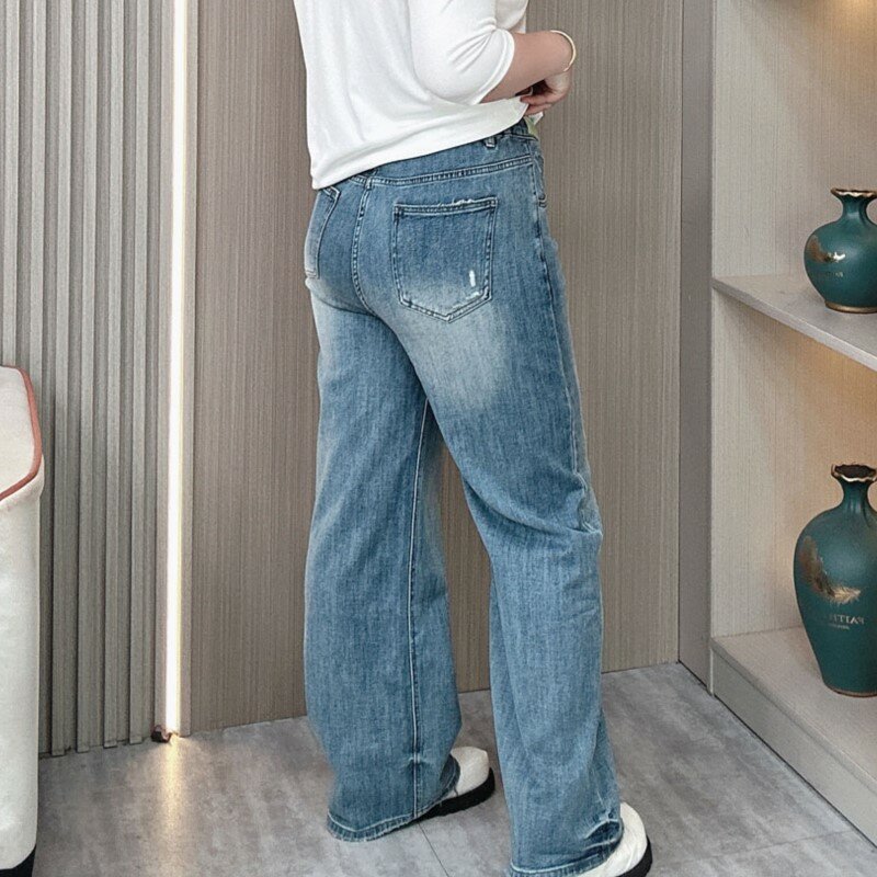 2024 Spring New Plus Size Blue Straight Jeans Women Simple Fashion Casual Loose Denim Wide Leg Full Length Pants