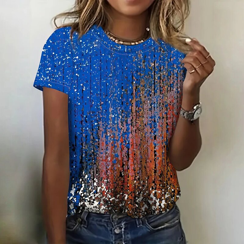 3D Colored Stained Print Fashion Women's Short Sleeve T-shirts Tops O Neck Casual Luxury Female Clothing Summer Loose Street Tee