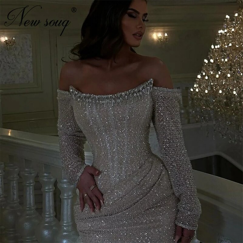 Vestidos de noite fora do ombro para mulheres, árabe, Dubai, lantejoulas, frisado, vestidos de casamento, gala, vestido de baile sereia, luxo