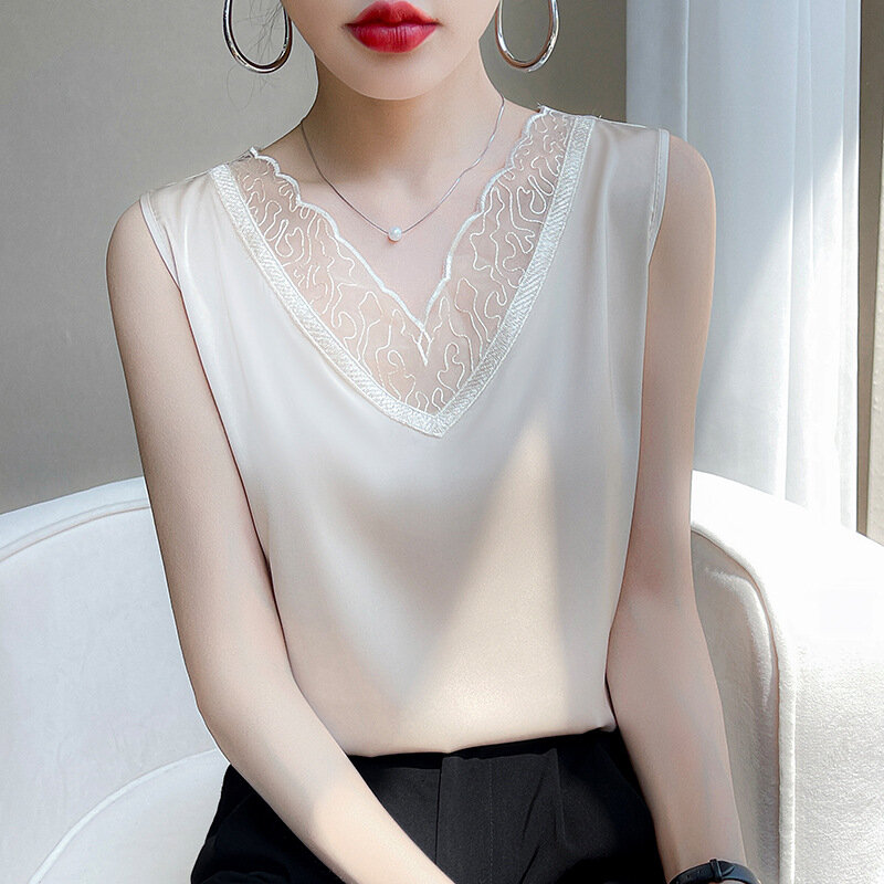 new woman clothing vest camis Tank top women's suit bottom lace lining 2024 summer new silk satin sleeveless top suspender vests