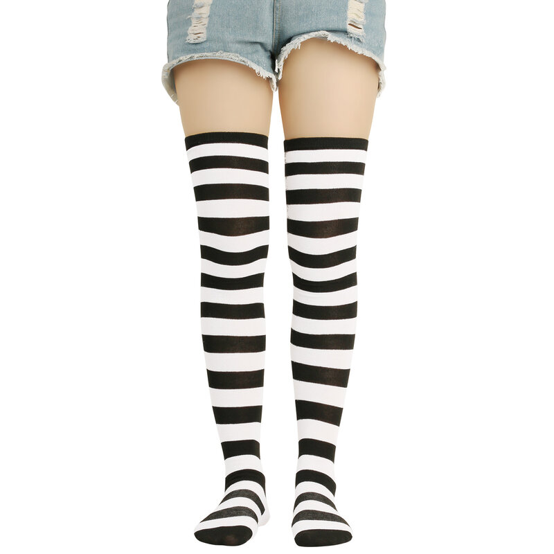 Lolita calcetines largos por encima de la rodilla para niña, medias con estampado de pata de gato Kawaii, rayas de algodón por encima de la rodilla, calcetines altos hasta el muslo para mujer JK