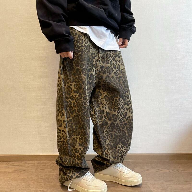 Calça estilo hip-hop masculina, estampa de leopardo, crotch, bolsos respiráveis, estilo retro, streetwear de comprimento total