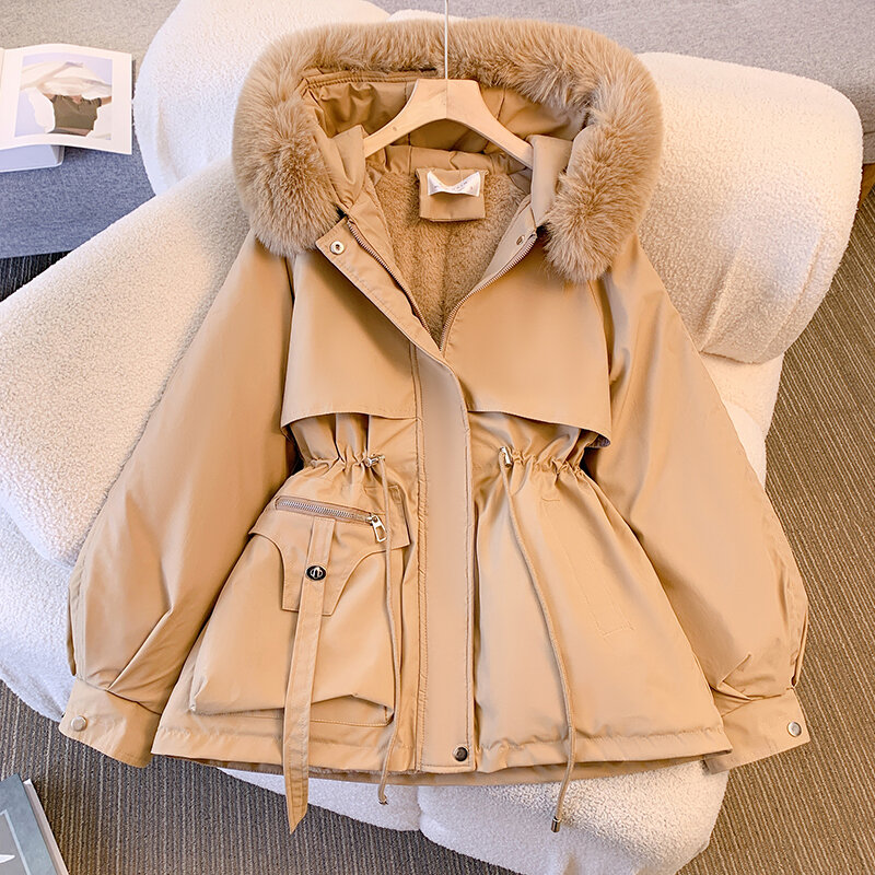 여성용 드로스트링 다운 재킷, 2023 따뜻한 단색 후드, 한국 스타일 허리 턱받이 코트, 가을 및 겨울 패션
