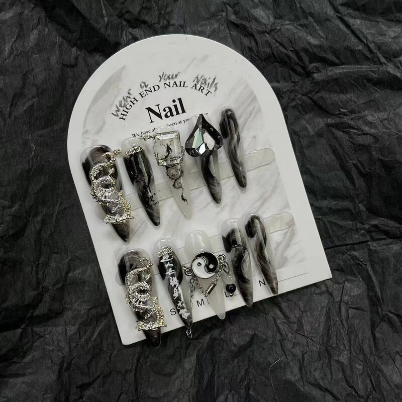 10 Stuks Handgemaakte Pers Op Nagels Inkt Stijl Kist Nep Nagels Full Cover Metaal Contrast Kunstmatige Manicure Draagbare Nail Tips Art