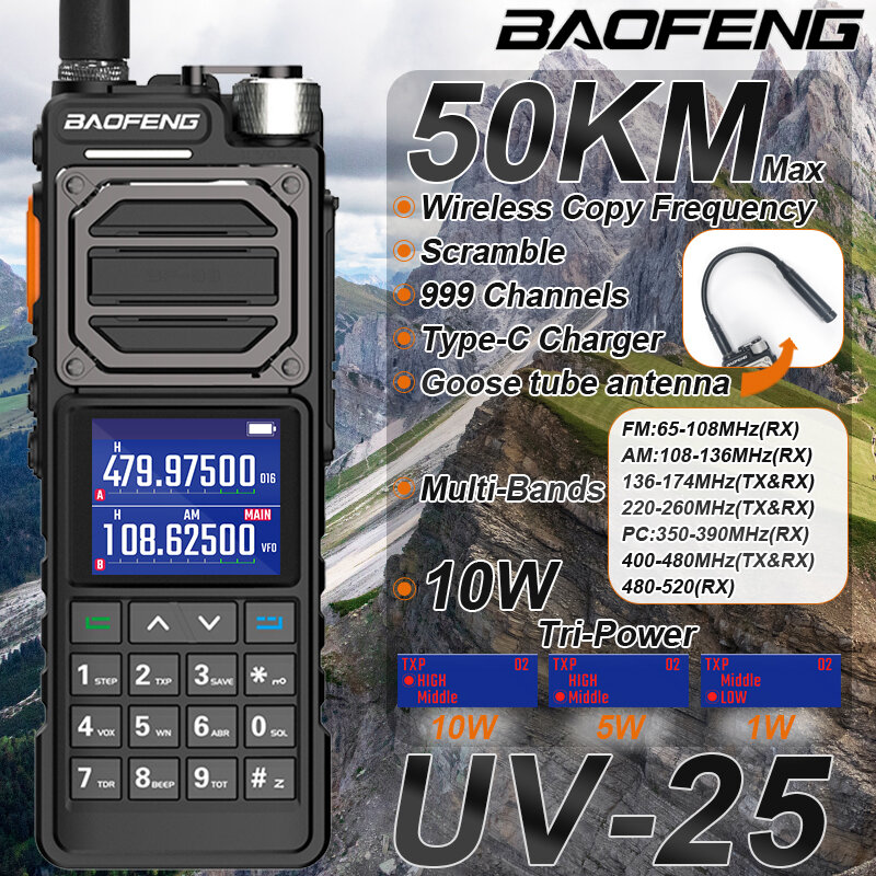 BAOFENG-UV-25 Tactical Walkie Talkie, 10W, freqüência de cópia sem fio, tipo C, profissional dois sentidos Ham Radio, HF Transceiver, nova atualização