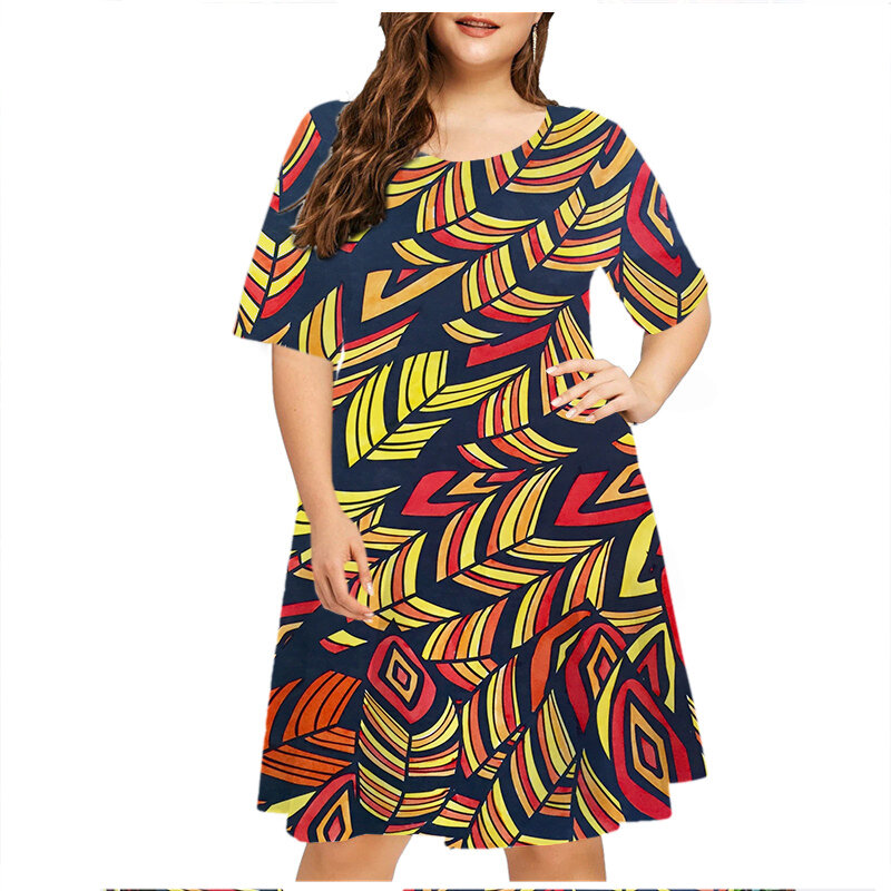 6XL Plus Size abiti donna abito con stampa dipinta astratta Summer Vintage Pattern manica corta a-line Dress Casual Party Sundress