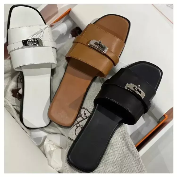 Top Quality Women's Genuine Leather Flat Slippers, Fashionable Luxury Brand Designer Small Gold Buckle Women's Leather Sandals