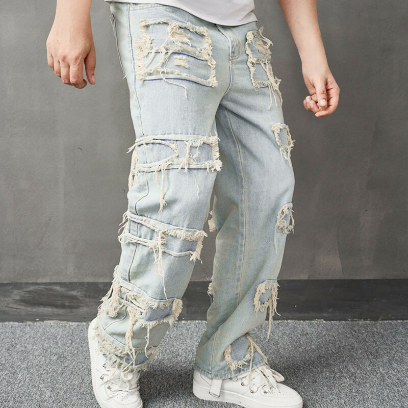 Pantalones vaqueros desgastados con agujeros rasgados para hombre, ropa de calle de estilo Hip hop, sólido, Retro, lavado, recto, 2023