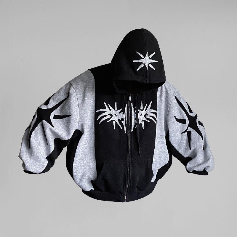 Y2K vintage zip up hoodie Harajuku Patchwork Gothic streetwear Hip Hop Oversized Hoodie Men women Sweatshirt Fashion Casual Tops