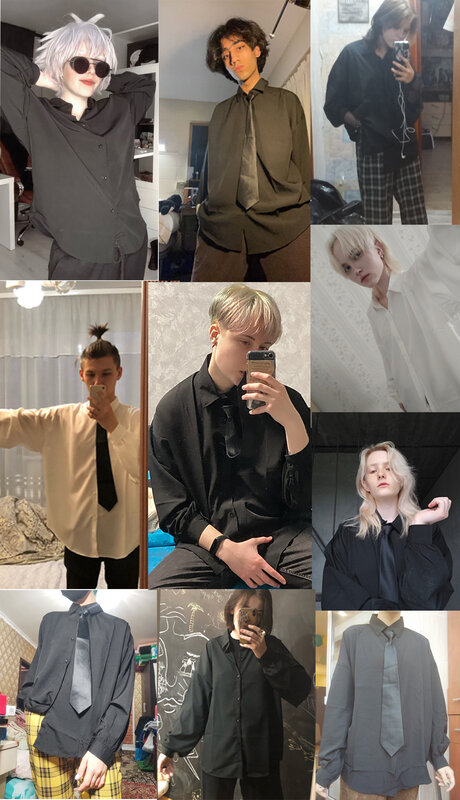 Zwarte Lange Mouwen Shirts Mannen Koreaanse Comfortabele Blouses Casual Losse Enkele Breasted Overhemd Met Stropdas