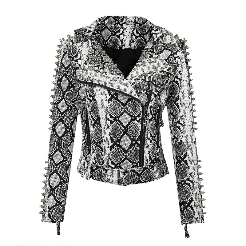 여성용 펑크 스파이크 리벳 슬리브 가죽 재킷, 오토바이 바이커 코트, 뱀 패턴 아우터, 2023 S-6XL, 신제품