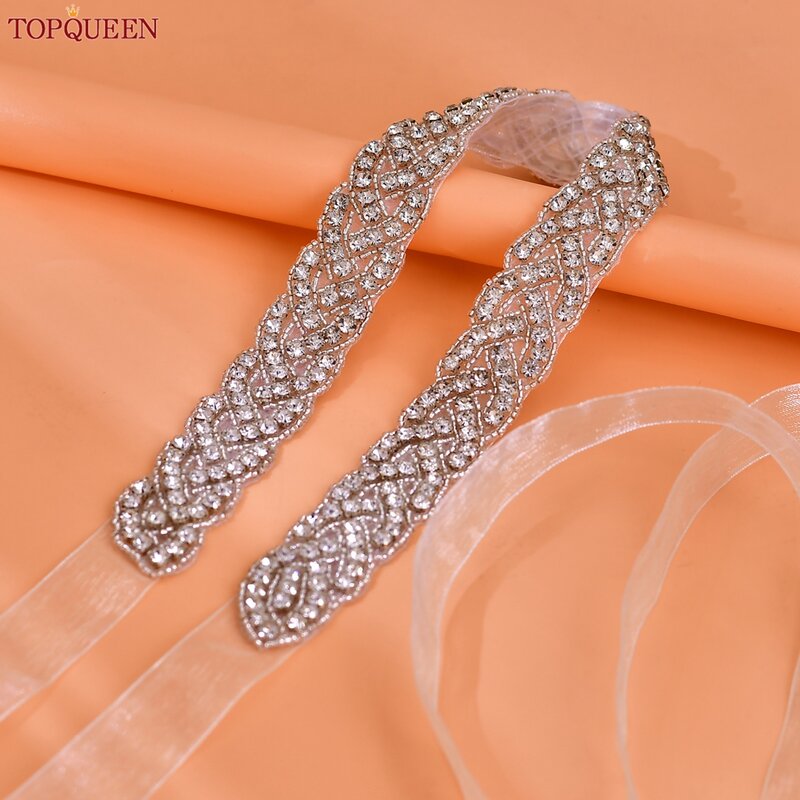 TOPQUEEN Luxury Wedding Bridal Sash Ribbon Sparkly Rhinestone Belts for Formal Dress Plus Size Diamond Belt Sash Applique  S216