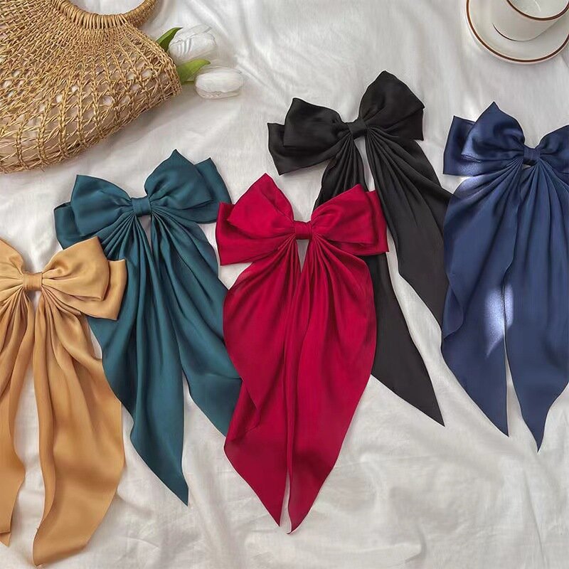 Elegant Bow Ribbon Hair Clip Fashion Simple Solid Satin Spring Clip Hair Pin Retro Headband with Clips Girls Hair Accessories
