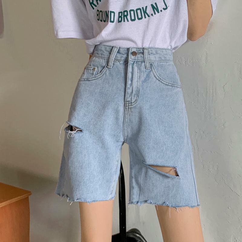 2024 Summer Perforated Cowboy Women's Loose Korean Edition New High Waist Straight Tube Pants Versatile Slimming Shorts