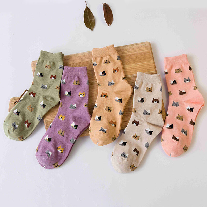 5 Màu Sắc Nữ Dễ Thương Tất Hình Mèo Vintage Bông Tai Kẹp Tất Nữ Hàn Quốc Cotton NHẬT NGỘ NGHĨNH Sock Cho Mùa Thu Đông Mujer "Sokken